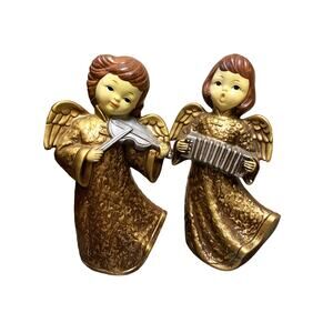 Vintage 50s 60s Choir Gold Angels Figurines Ceramic Christmas Decor - Set Of 2